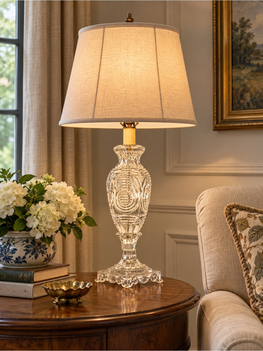 Elegant Clear Crystal Table Lamp with Cream Shade
